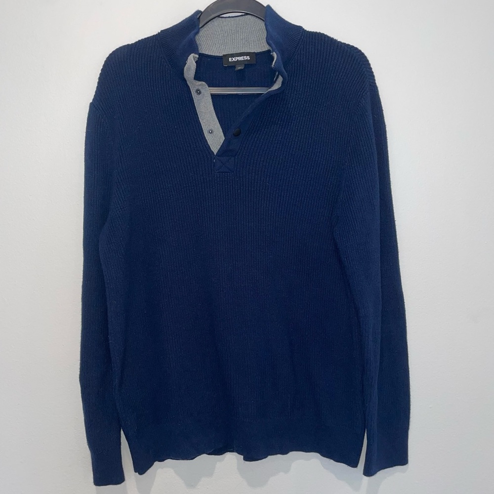 Express Mens Snap Mock Neck Sweater in Navy Blue and Grey Gray - L Large